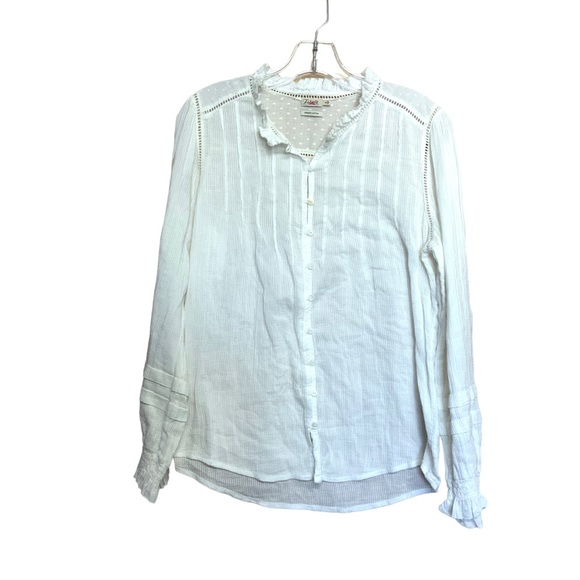 Faherty Willa Organic Cotton Ruffled Pintucked White Ivory Blouse - Picture 3 of 7